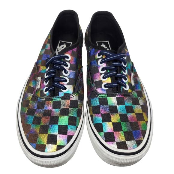 Vans Shoes Womens 9 Black Rainbow Checkered Shiny Metallic Holographic Low Tops - Picture 3 of 12